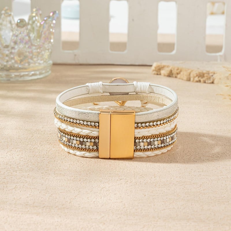 Rantanto Braid Leather Wrap Bracelet Trendy Stackable Crystal Cuff Boho Gold Heart Bracelet Jewelry Gift For Women - Image 5